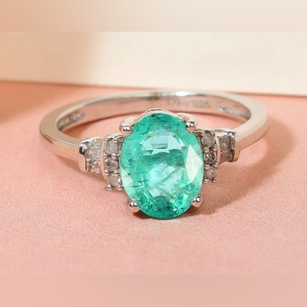 Ethiopian Emerald & Diamond, Platinum over Sterling Silver Ring Size 8 - Picture 2 of 15